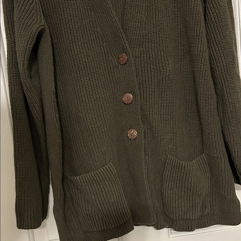 J.Jill Olive Green Button‑Front Cardigan with Pockets – Women’s Large, Excellent - Picture 3 of 8